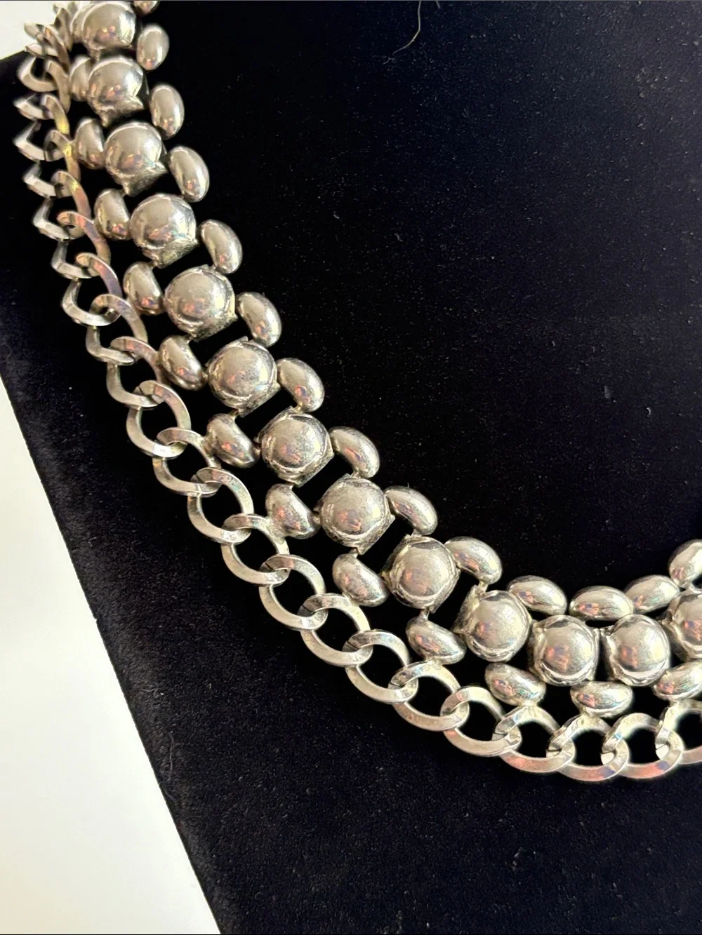 Silver Layered Chain Statement Necklace Domed Beads Women